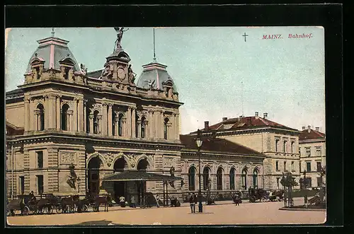 AK Mainz, Bahnhof mit Pferdewägen