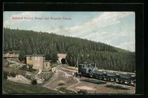 AK Braune Sumpf, Bahnhof und Bielstein-Tunnel mit Eisenbahn