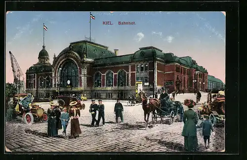 AK Kiel, Bahnhof mit Pferdewagen