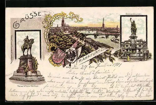 Glitzer-Lithographie Frankfurt am Main, Teilansicht, Kaiser Wilhelm-Denkmal, Schützenbrunnen