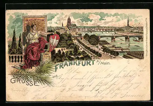 Lithographie Frankfurt a. Main, Uferpartie mit Kirche und Brücke