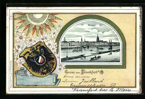 Lithographie Frankfurt a. M., Totalansicht mit Wappen