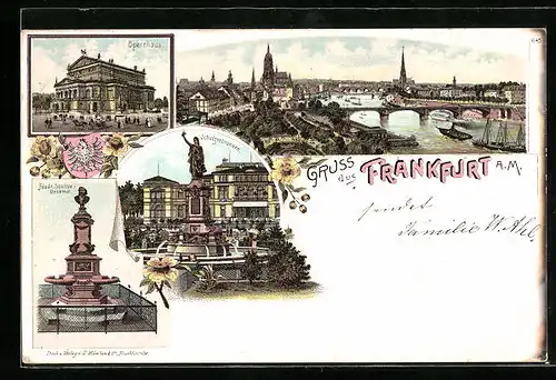 Lithographie Frankfurt a. M., Opernhaus, Schützenbrunnen, Friedrich Stoltze-Denkmal