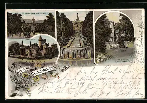 Lithographie Wilhelmshöhe, Löwenburg, Die Cascaden, Der Aquäduct-Wasserfall