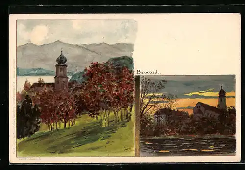 Künstler-AK Bernried, Uferpartie tagsüber und abends