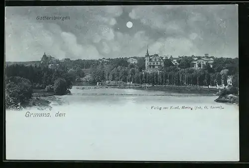 Mondschein-AK Grimma, Blick auf die Gattersburgen