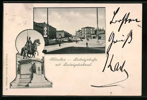 AK München, Ludwigsstrasse und Ludwigsdenkmal