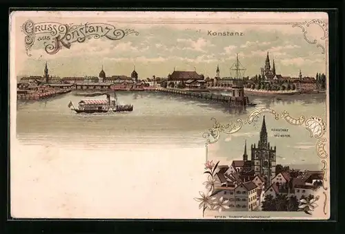 Lithographie Konstanz / Bodensee, Totalansicht, Münster