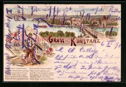 Lithographie Konstanz / Bodensee, Gesamtansicht mit Münster