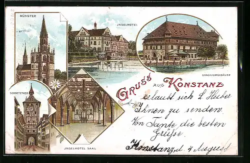 Lithographie Konstanz / Bodensee, Inselhotel, Conciliumgebäude, Schnetzthor, Münster