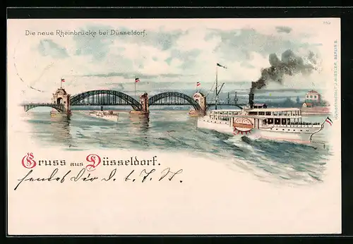 Lithographie Düsseldorf, neue Rheinbrücke mit Dampfer