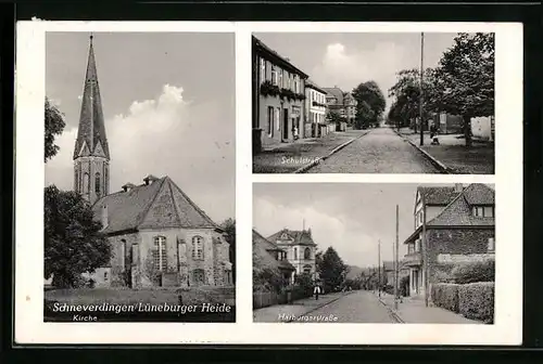 AK Schneverdingen / Lüneburger Heide, Harburgerstrasse, Schulstrasse, Kirche
