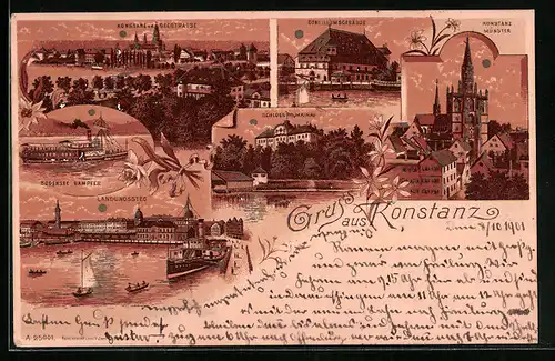 Lithographie Konstanz / Bodensee, Landungssteg, Münster, Schloss Mainau