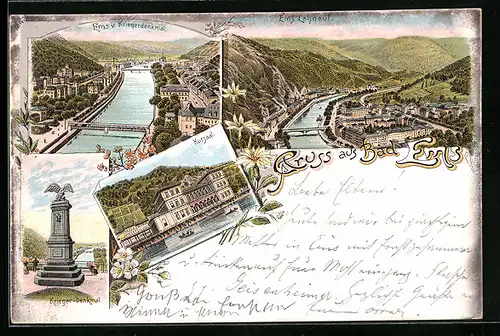 Lithographie Bad Ems, Kursaal, Kriegerdenkmal, Gesamtansicht mit Lahnlauf
