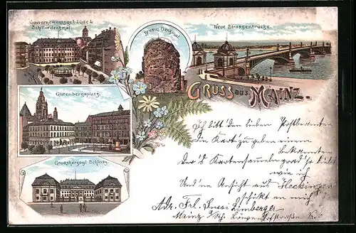 Lithographie Mainz, Gutenbergplatz, Grossherzogl. Schloss, Neue Strassenbrücke