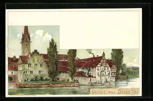 Künstler-AK Stein a. R., Gebäudepartie mit Turm am Rheinufer