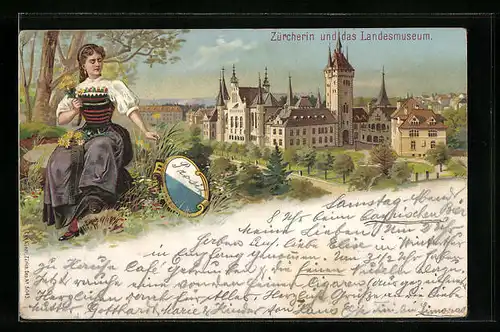 Lithographie Zürich, Zürcherin und das Landesmuseum, Wappen