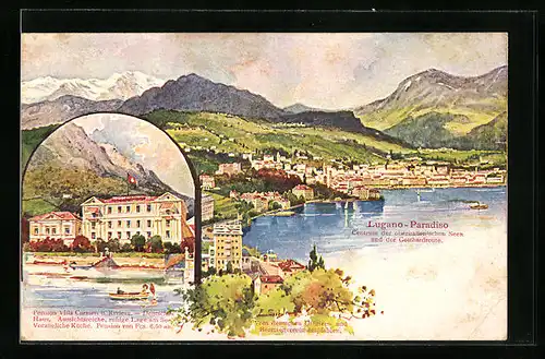 Künstler-AK Ernst Schlemo: Lugano-Paradiso, Pension Villa Carmen u. Riviera, Gesamtansicht
