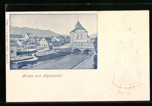 Präge-AK Appenzell, Teilansicht, Appenzellerin in Tracht