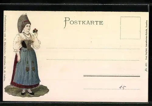 Präge-AK Appenzell, Teilansicht, Appenzellerin in Tracht