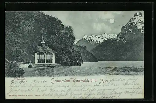 Mondschein-AK Sisikon, Tellskapelle am Vierwaldstätter See