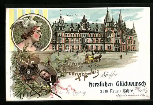 Lithographie Braunschweig, Kaiserl. Post, Portrait v. Podbielski, Wappen