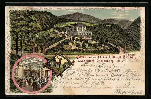 Lithographie Düsseldorf-Grafenberg, Restaurant Hirschburg, Totalansicht