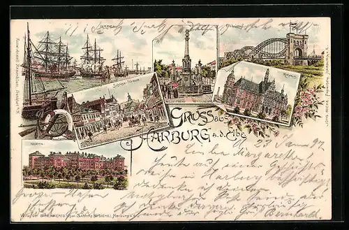 Lithographie Hamburg-Harburg, Hafen, Schloss-Strasse, Kaserne