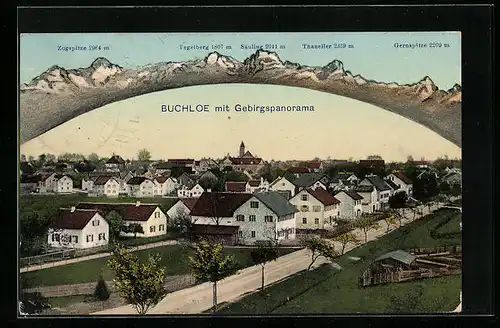 AK Buchloe, Teilansicht und Gebirgspanorama mit Tegelberg, Gernspitze und Thaneller