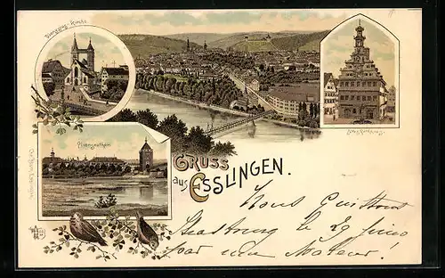 Lithographie Esslingen, Dionysius-Kirche, Pliensautor, Altes Rathaus