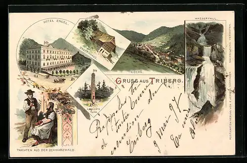 Lithographie Triberg, Hotel Engel, Bauernhaus, Aussichts-Turm