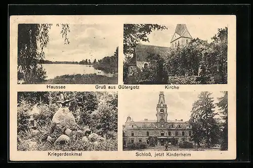 AK Gütergotz, Schloss jetzt Kinderheim, Kirche, Kriegerdenkmal