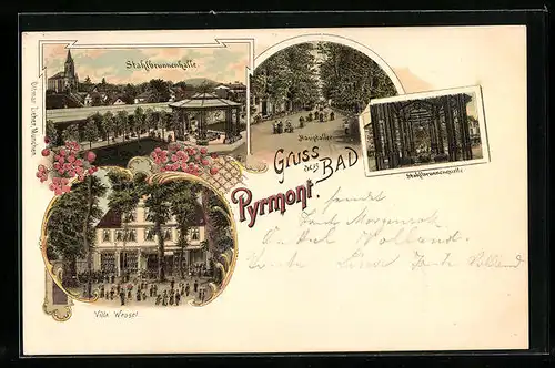 Lithographie Bad Pyrmont, Villa Wessel, Stahlbrunnenhalle, Stahlbrunnenquelle