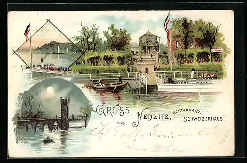 Lithographie Nedlitz, Restaurant Schweizerhaus, Brücke bei Mondschein, Bootssteg mit Dampfboot