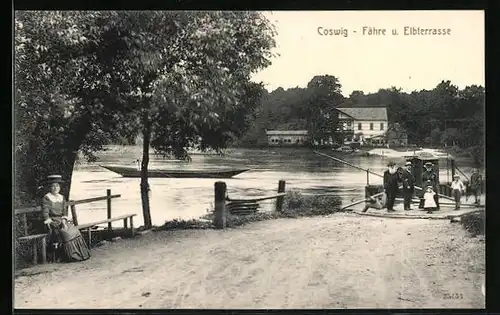 AK Coswig, Fähre und Elbterrasse