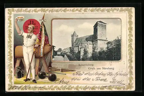 Präge-AK Nürnberg, Kaiserstallung, Turner mit Fahne am Pferd, Passepartout