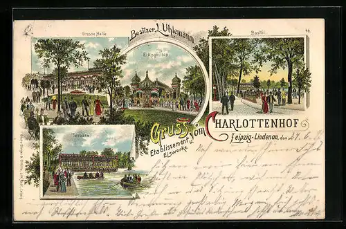 Lithographie Leipzig-Lindenau, Gasthaus Charlottenhof, Terrasse, Grosse Halle, Eckpavillon