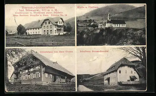 AK Bernau-Innerlehen /Bad. Schwarzw., Geburtshaus von Hans Thoma, Kirche und Pfarrhaus, Schulhaus Bernau-Innertal