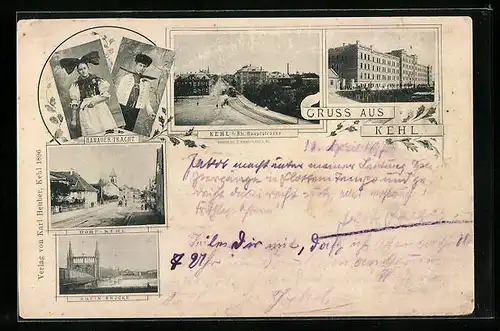 AK Kehl, Hanauer-Tracht, Dorfpartie, Rheinbrücke