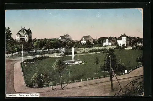 AK Nerchau, Partie am Bahnhof mit Brunnen