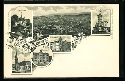 Lithographie Sebnitz, Grenadierburg, Katholische Kirche, Postgebäude