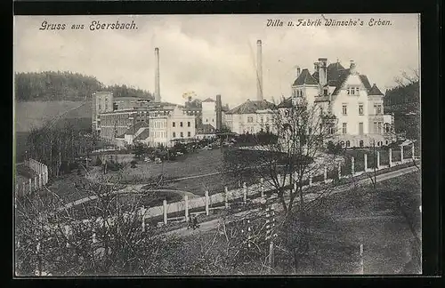 AK Ebersbach, Villa und Fabrik Wünsche`s Erben