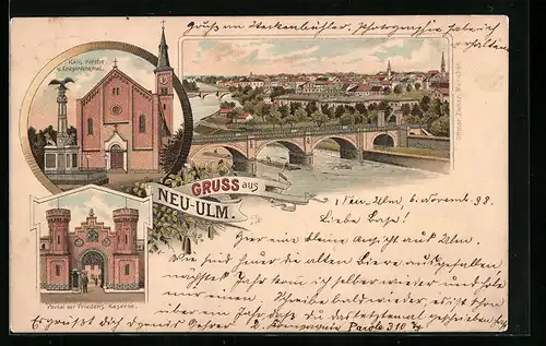 Lithographie Neu-Ulm, Teilansicht mit Brücke, Portal der Friedens-Kaserne