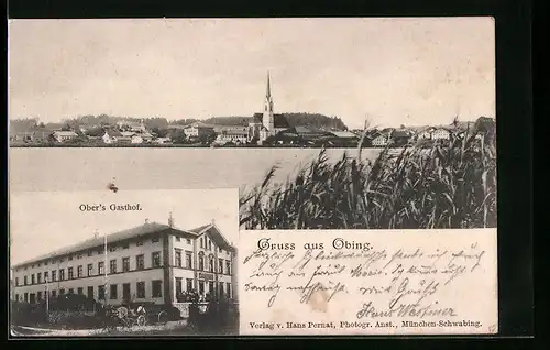 AK Obing, Panorama des Ortesvom Wasser gesehen, Obers Gasthof