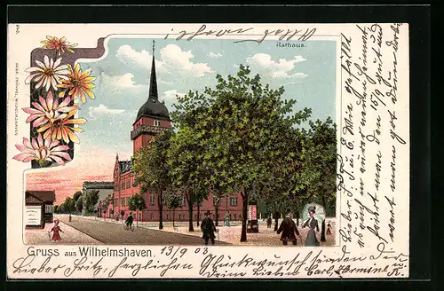 Lithographie Wilhelmshaven, Strassenpartie mit Rathaus