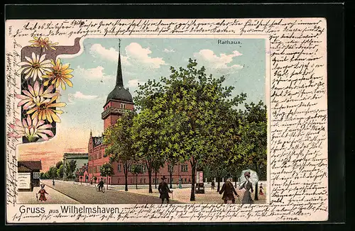 Lithographie Wilhelmshaven, Rathaus mit Strasse