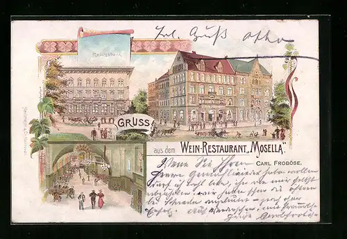 Lithographie Hannover, Gasthaus Mosella, Strassenansicht mit Reichsbank, Innenansicht