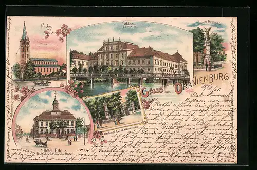 Lithographie Oranienburg, Schloss, Hotel Eilers, Krieger-Denkmal