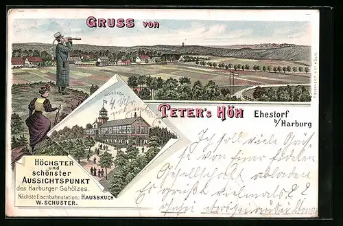 Lithographie Ehestorf bei Harburg, Gasthaus Peters Höh, Ortsansicht mit Wanderpaar