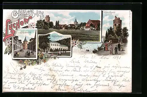 Lithographie Lüchow, Ortsansicht, Kirchstrasse, Schützenhaus